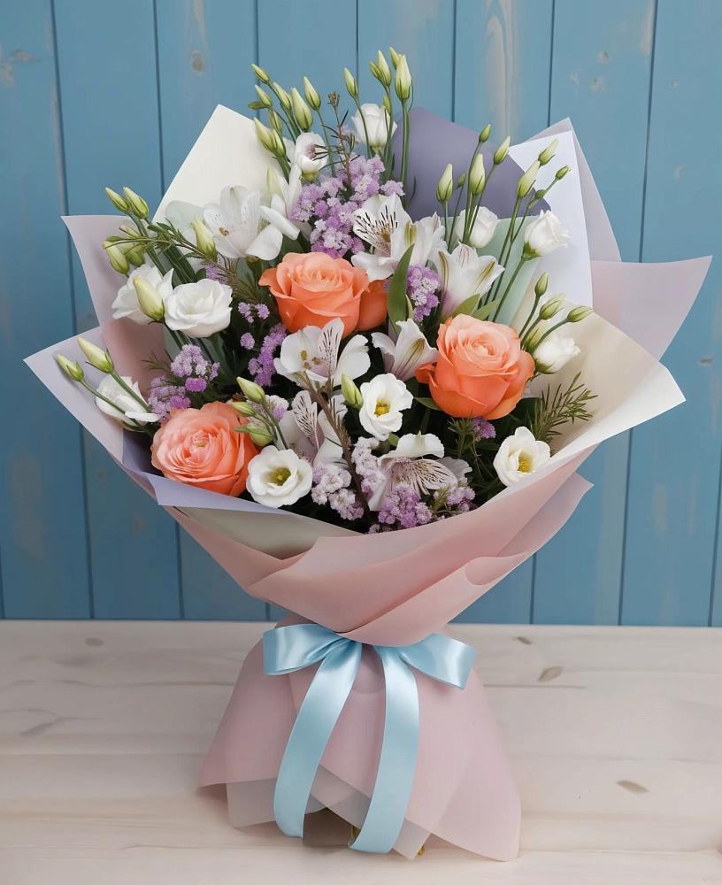 Букет цветов из: Лизиантусы, Розы, Альстромерии и Гипсофила в Майне