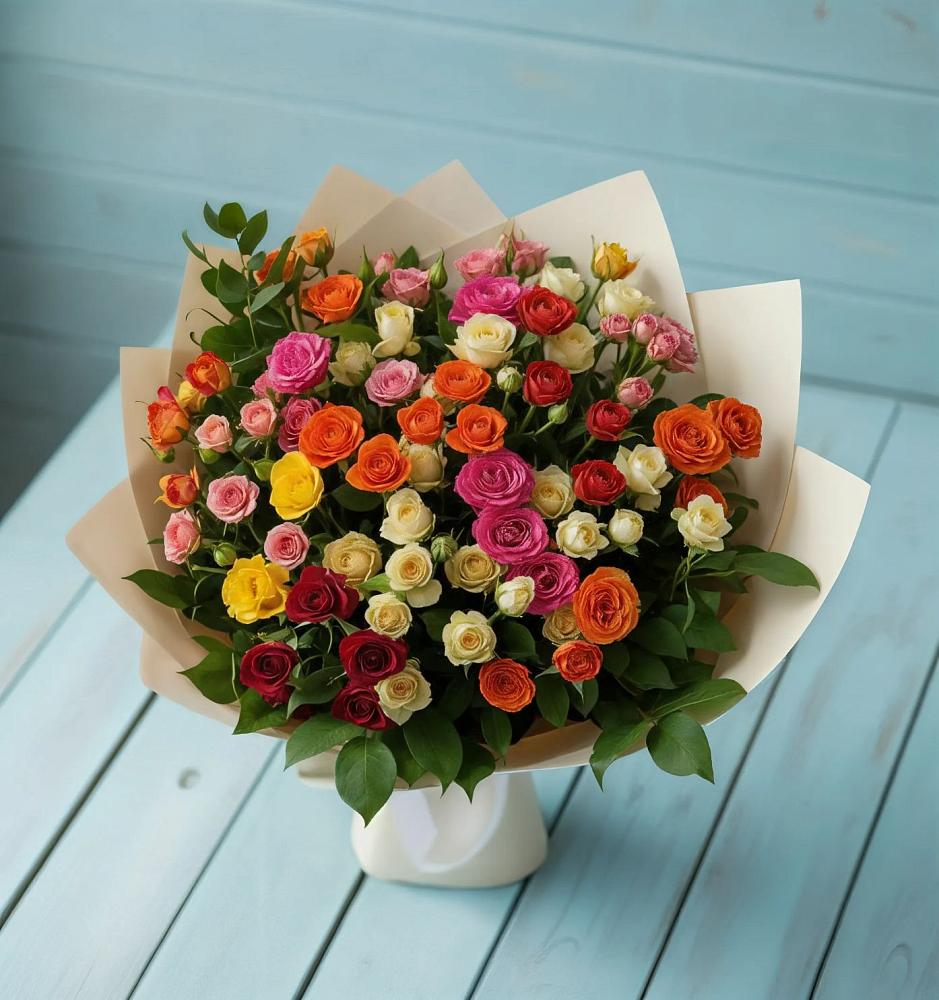 Букет Микс из разноцветных кустовых роз в Майне
